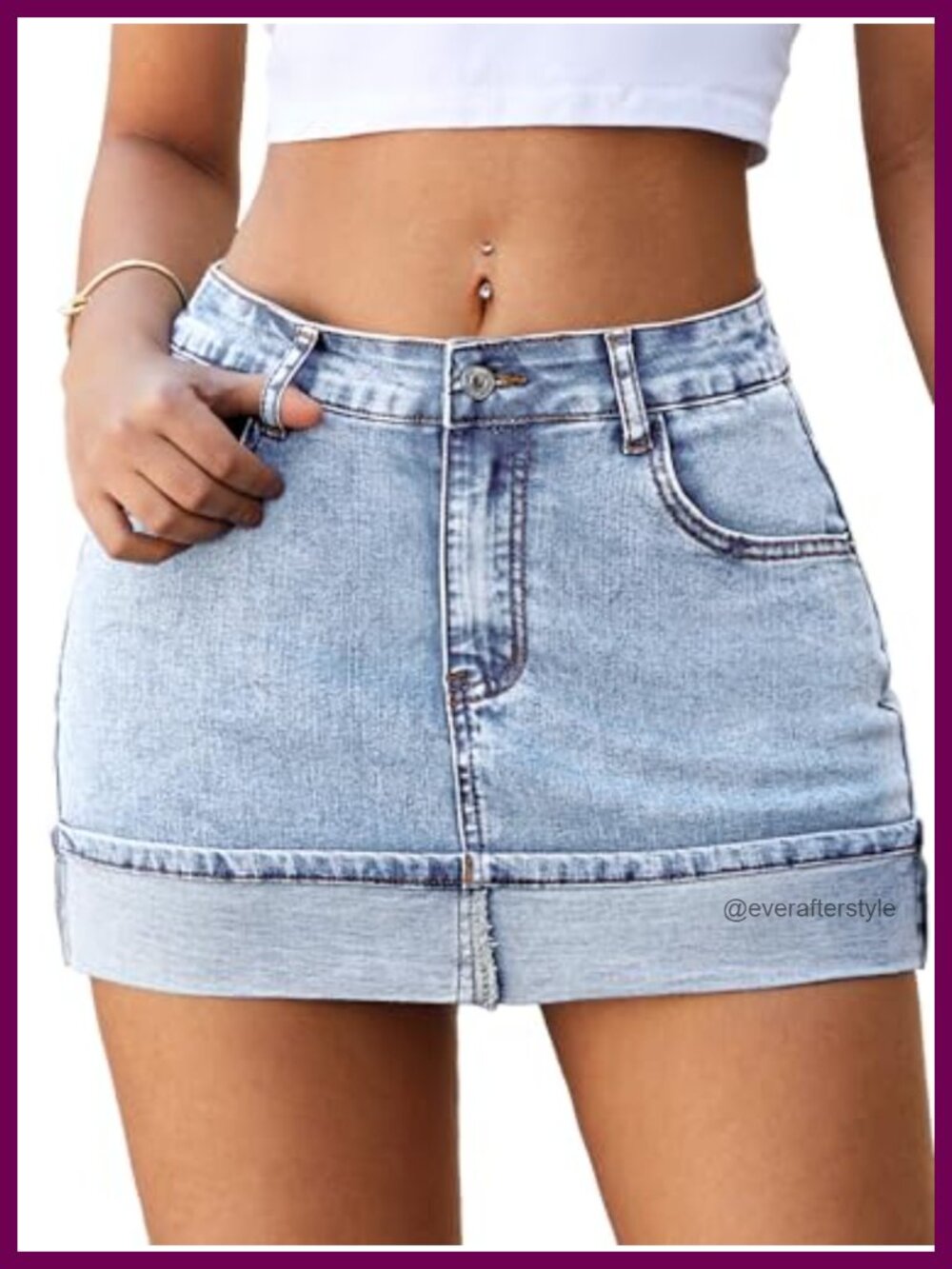 High Stretchy Mini Denim Skirt with Built-in Shorts Cuffed Hem